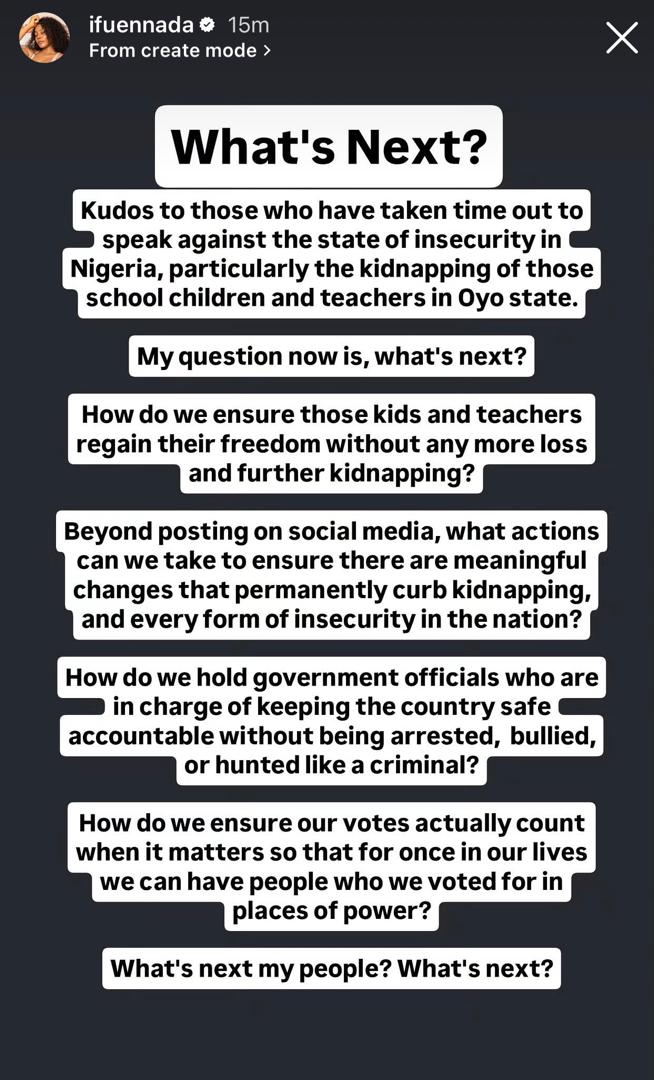 Beyond posting on social media, what actions can we take to ensure there are meaningful changes that permanently curb kidnapping?- BBNaija star, Ifuennada asks
